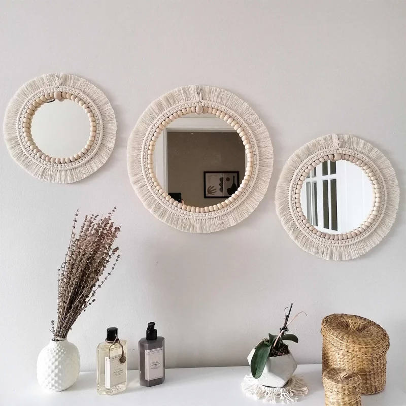 Handmade Macrame Wall Mirror with wooden beads – Set of 3