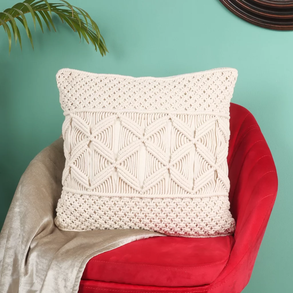 Handmade Macrame Cushion Cover – Off White – 16×16