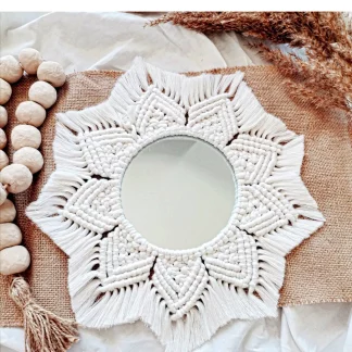 Handmade Macrame Wall Mirror in White Color flower leaf