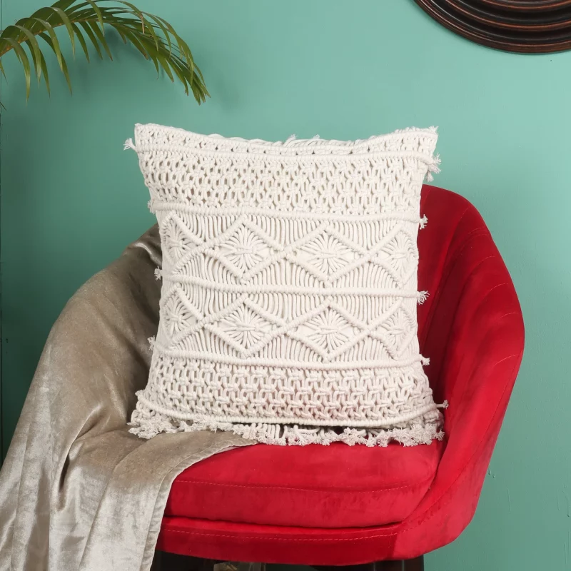 Unique and Boho Design Macrame Cushion Cover in off white color