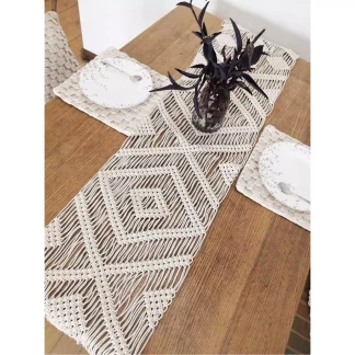 Boho Handmade Macrame Cotton Table Runner – 14 x 78 inches – Off White