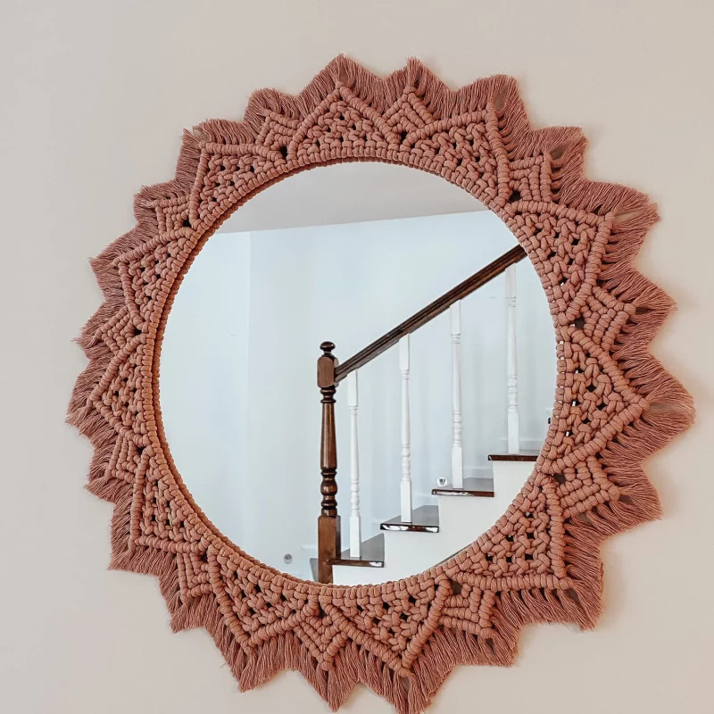 Handmade Macrame Wall Mirror in Peach Color