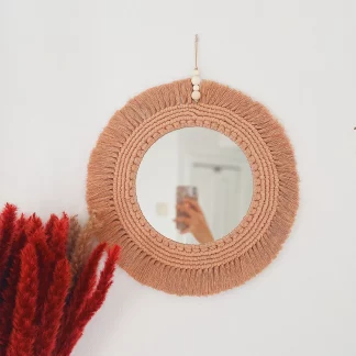 Handmade Macrame Wall Mirror in Peach Color with Fringes