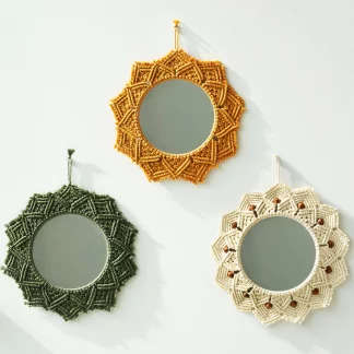 Handmade Macrame Wall Mirror – Set of 3 – Orange, Green & White