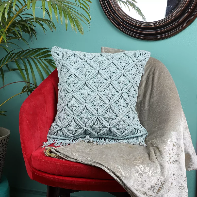 Handmade Macrame Colorful Cushion Cover by WLS Decore – Teal Blue