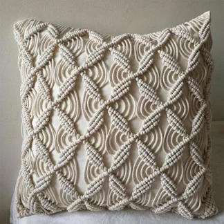 Abstract Pattern Macrame Cushion Cover in off white color