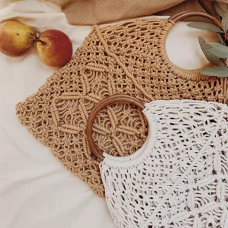 Handmade Macrame Cotton hand Bag with Wooden Handle