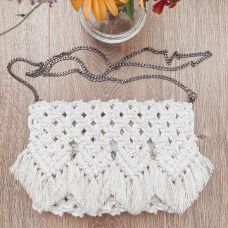 Handmade Macrame Cotton Sling bag with Chain – White
