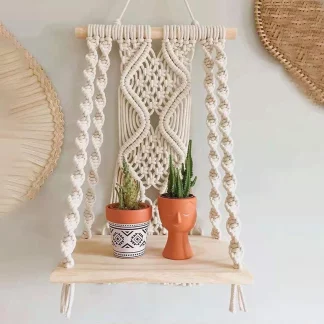 Handmade Macrame Wall Hanging Shelf Planter in Off White