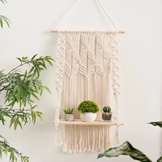 Handmade Macrame Wall Hanging Shelf Planter with Wooden Beads