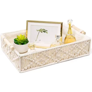 Luxurious Handwoven Boho Decor Macrame Storage Basket Tray with Handle and Cotton Lining Countertop Cabin Organizer Home, Office and Events – (1 Pcs, Off White, 14x10x4 inches, Large)