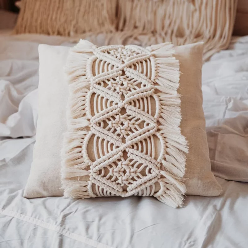Boho Macrame Cushion Cover in off white color 