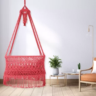 Handwoven Macrame Baby Cradle/ Crib/ Palna Swing/ Jhula Bed with Mattress and Star Cushion. Name and Cradle Ceremony Boho Decoration (Pink, 24×36 inches)