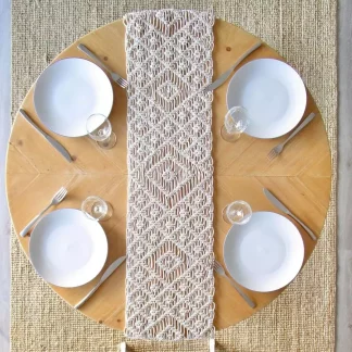 "Handmade Macrame Cotton Table Runner with Triangle Edge – 14 x 78 inches – Off White "