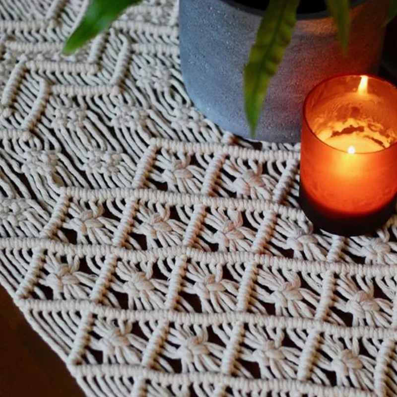 "Handmade Macrame Cotton Table Runner with Triangle Edge – 14 x 78 inches – Off White "