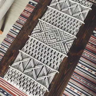 Abstract Pattern Handmade Macrame Cotton Table Runner – 14 x 78 inches – Off White