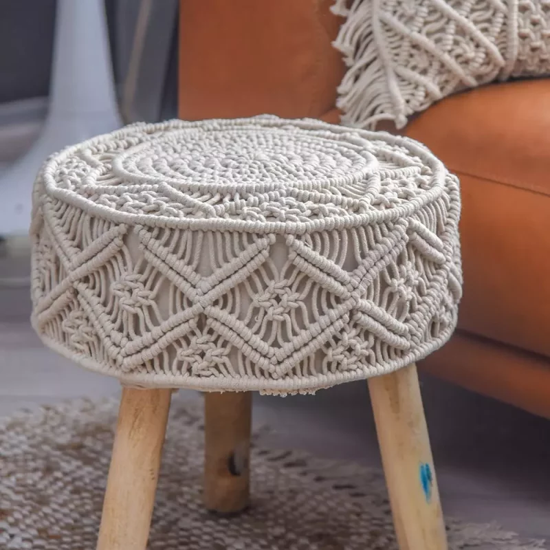 Handmade Macrame Ottoman Chair in Cream White Colour